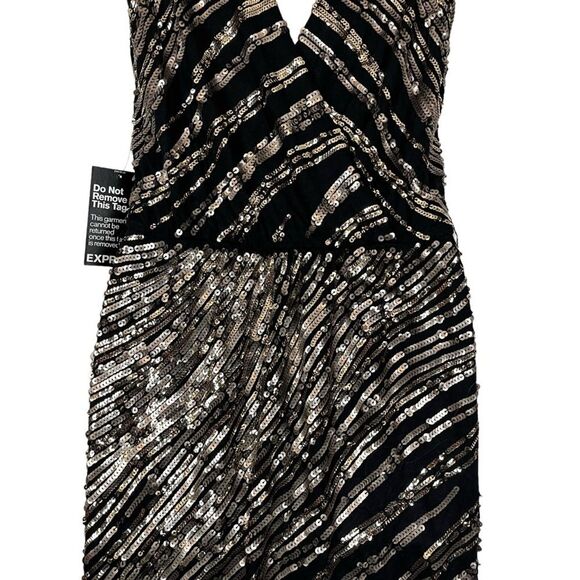Express Black Gold Sequin Sleeveless V-Back Swifty Party Evening Dress NWT S - Picture 13 of 14